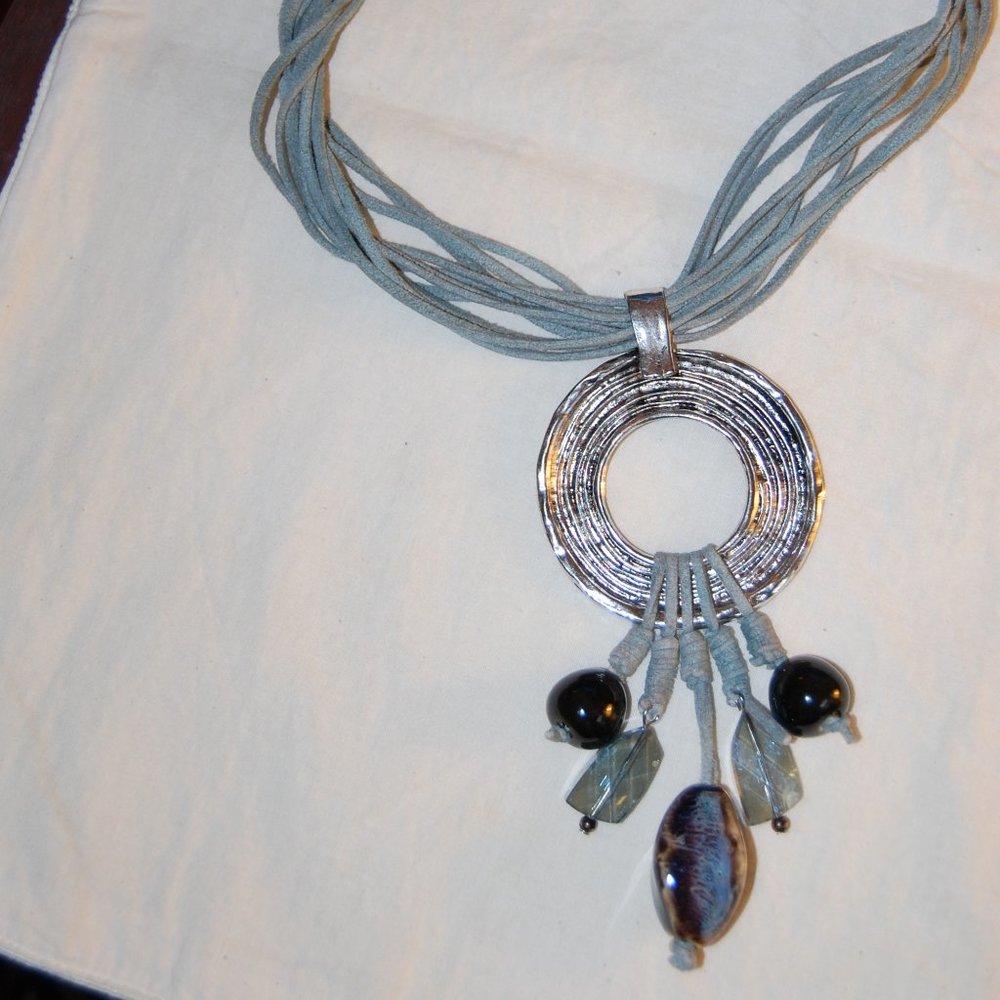 11 Strand Gray Leather Cord Necklace With Silver Disk & Stone Charms